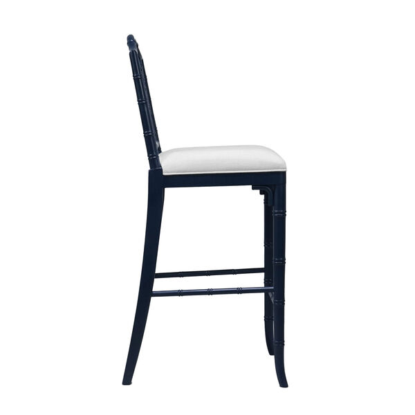 Lloyd Matte Navy Lacquer White Linen Chippendale Style Bamboo Bar Stool, image 4